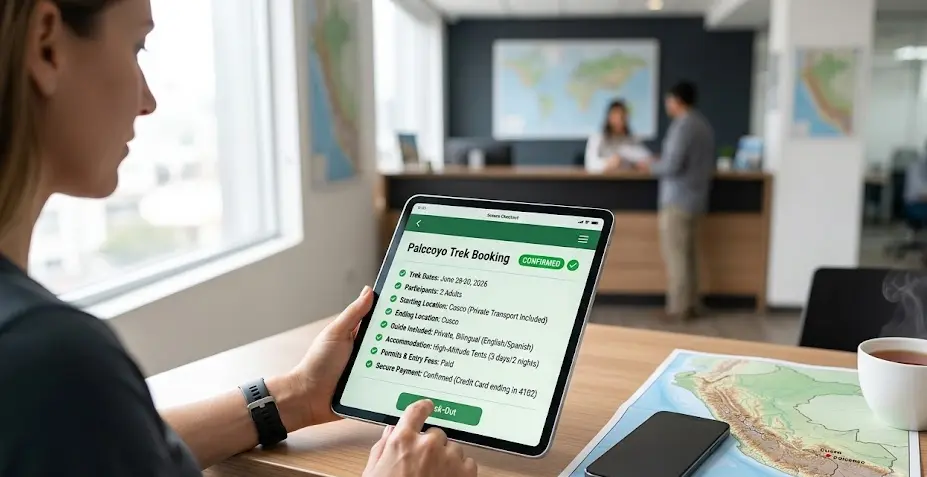 A traveler completing a secure online checkout on a digital tablet to book Palccoyo tour services.