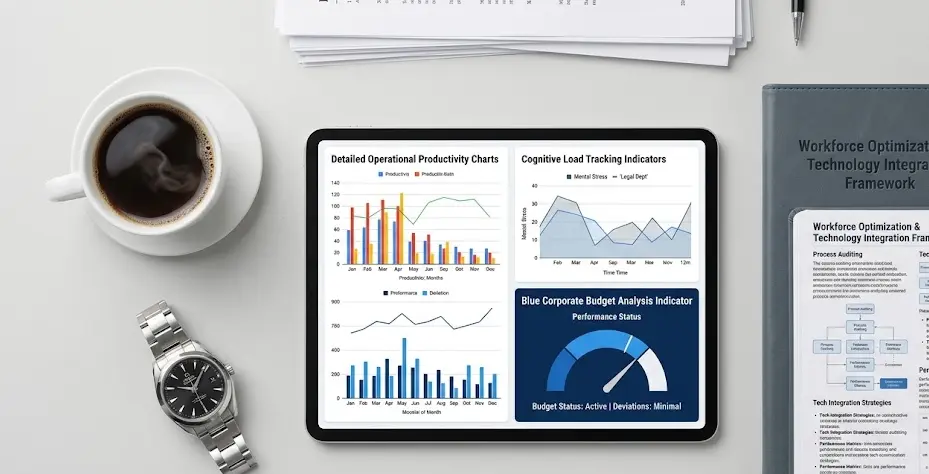Corporate team leader analyzing team output metrics and cognitive load indicators on a high-resolution tablet screen.
