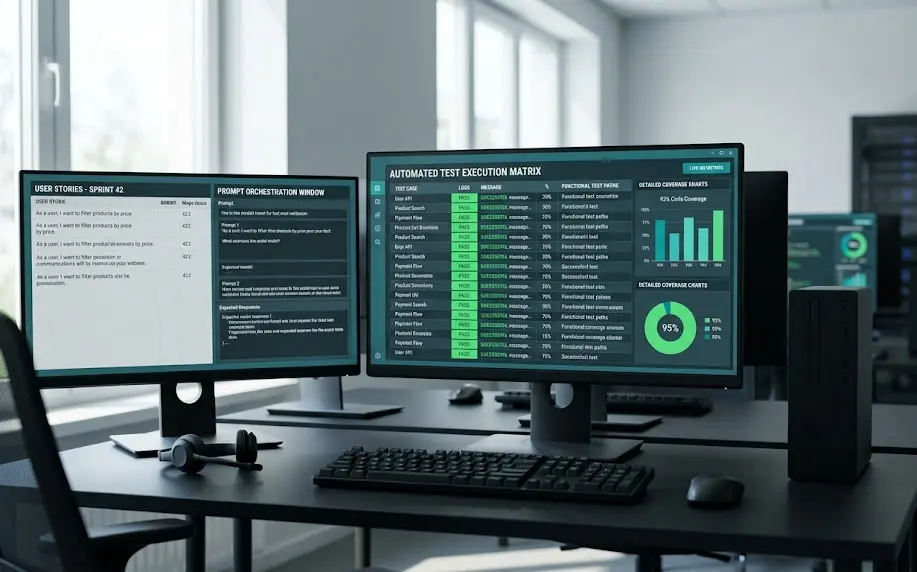 A quality assurance dashboard showing automated test execution matrix metrics and AI generated edge cases.