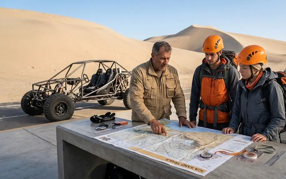 A comprehensive map review and safety briefing before setting off on desert adventure tours in Ica.
