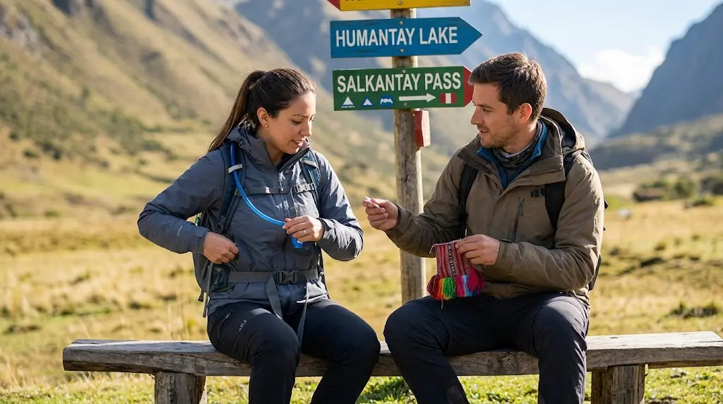 Trekkers sharing altitude remedies and organizing daypack gear for humantay hike near Soraypampa