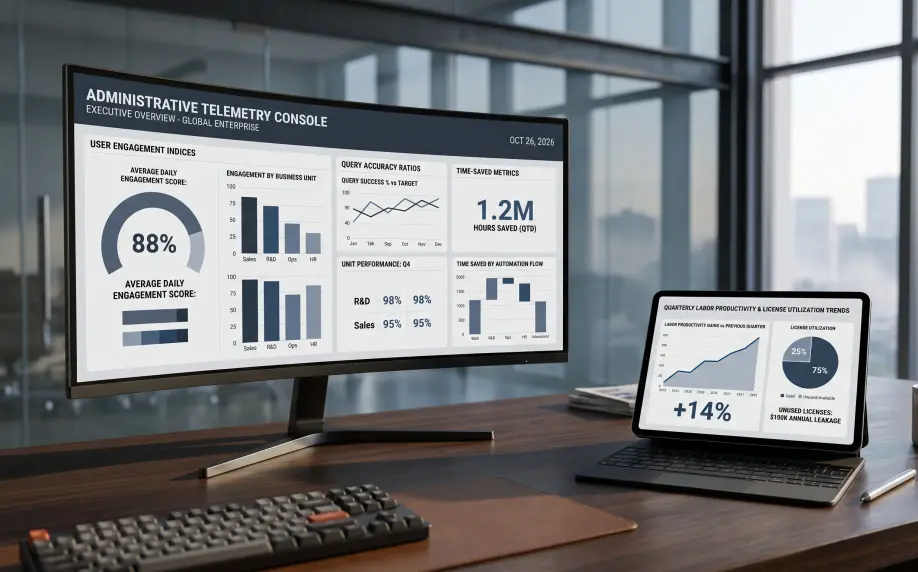 Marco de medición y métricas de telemetría para measuring Copilot productivity gains en plataformas corporativas.