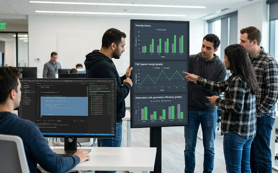 Development team analyzing workflow charts and measuring team innovation with Copilot metrics.