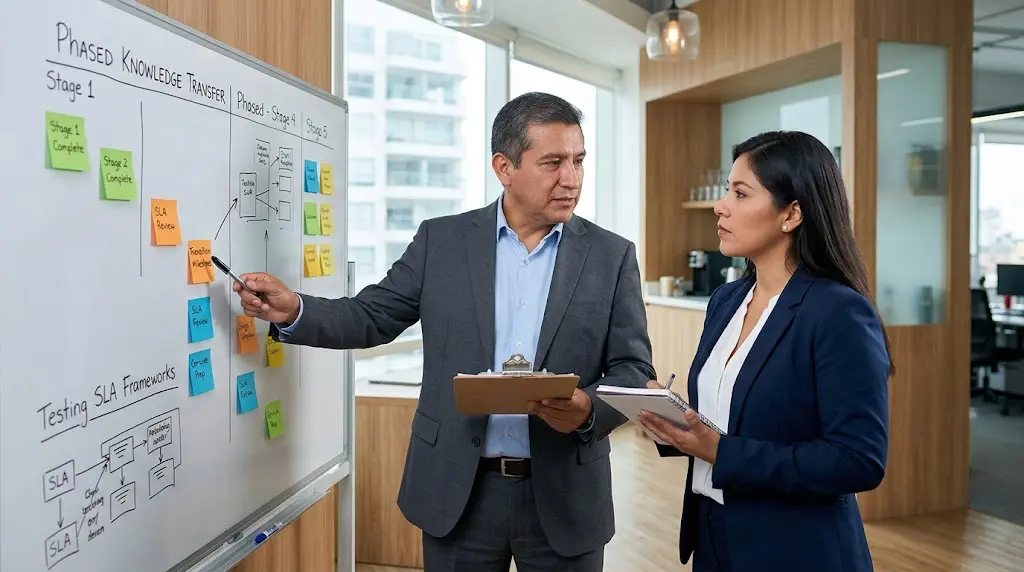 Software engineering leaders reviewing steps for outsourcing QA transition on a physical milestone board.