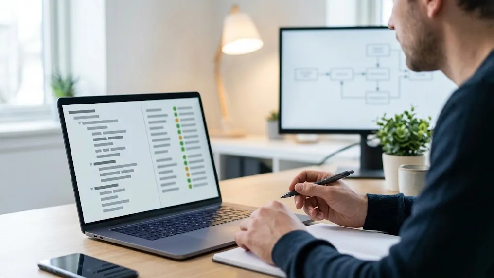 QA engineer reviewing an automated test plan generated by an AI agent on a laptop, a scene about AI in software testing and what teams still check