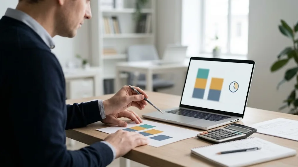 Analyst checking Copilot assisted hours on a laptop beside a printed breakdown of meeting, search and writing time saved by an office team