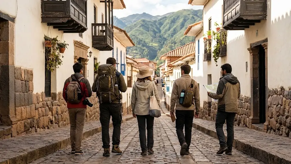 Five travelers with different gear, a daypack, a camera and trekking poles, walking together in Cusco, showing Cusco trip length by travel style